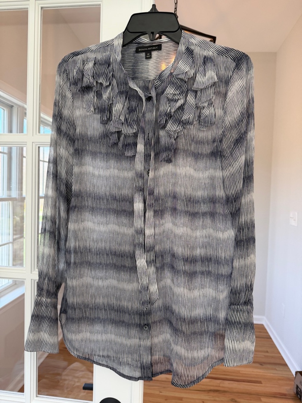 Banana Republic Blue & White Striped Ruffle Front Blouse